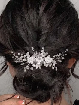Accessori per Capelli da Sposa, Fiori di Perle Bianchi, Argilla Morbida Fatta a Mano, Perline di Cristallo
