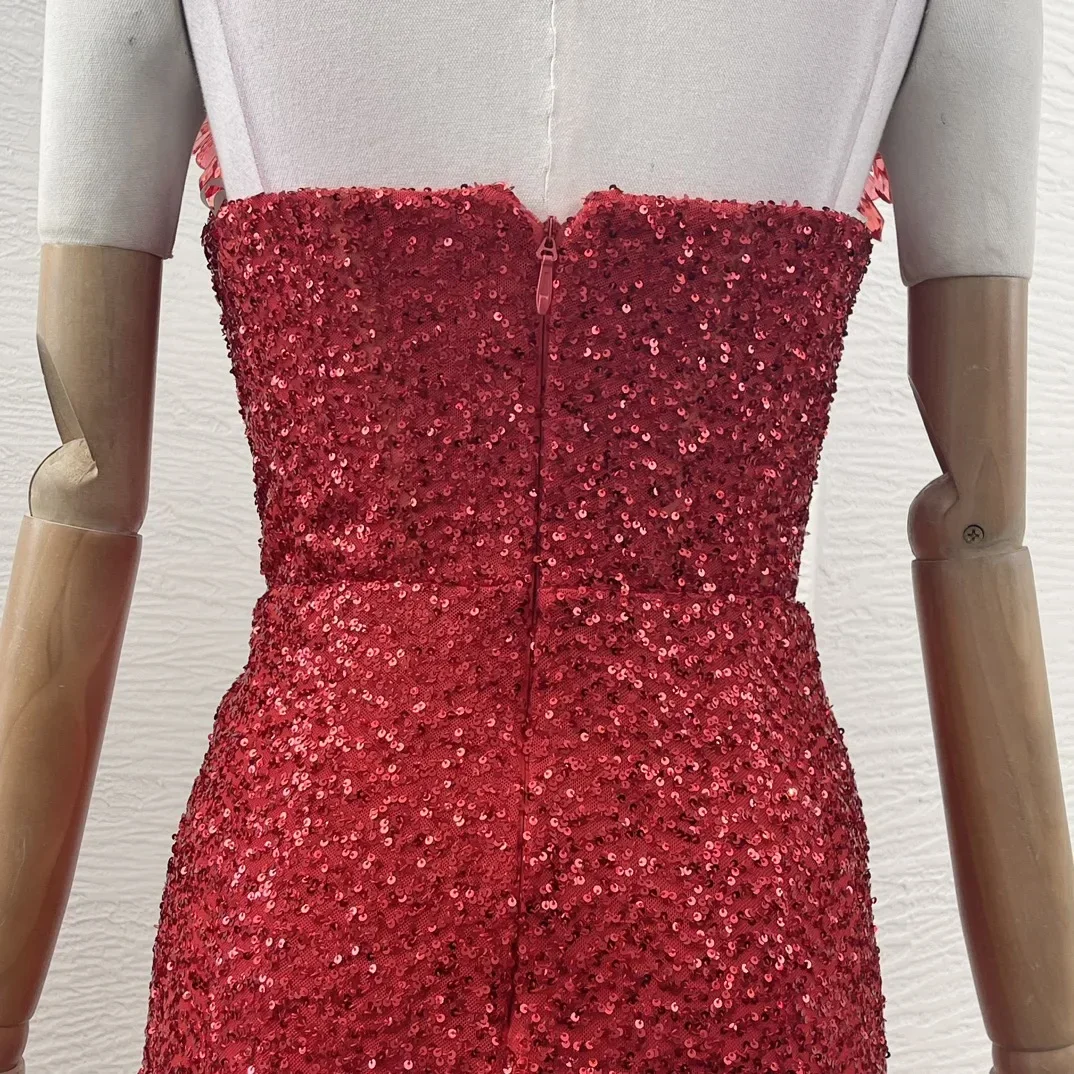 Ladies' 2024 New Club Sexy Red Sleeveless Sequined Slit Hem Diamonds Maxi Dresses 6