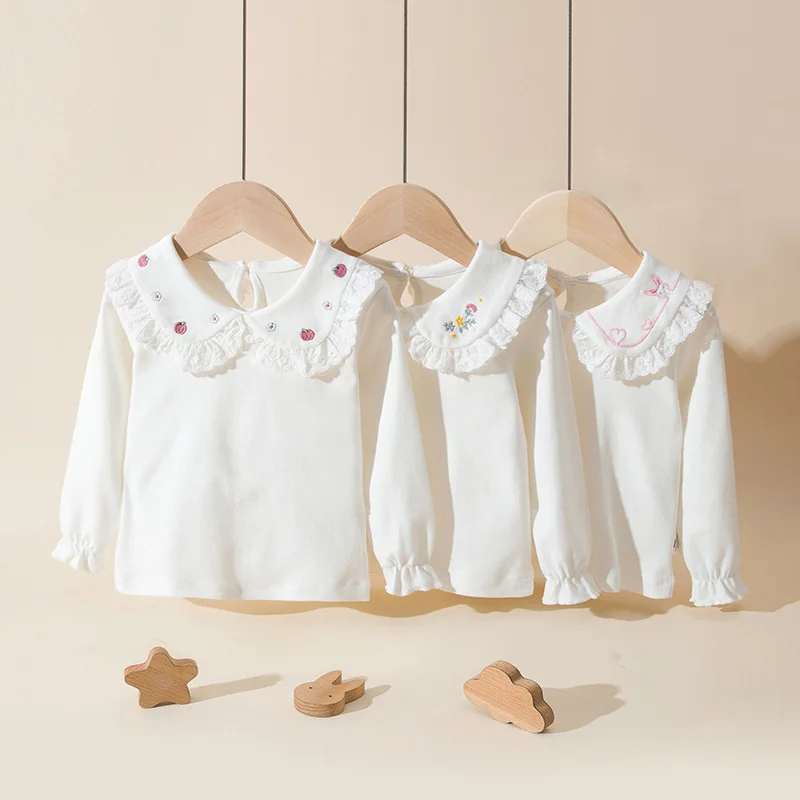 2025 Spring Autumn Baby Girls Tops Cotton Lace Collar