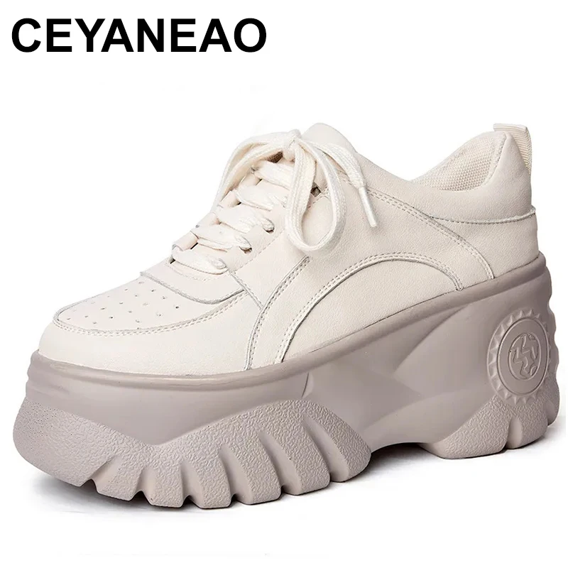 

Genuine Leather 8.5cm Super Thick Sole Platform Women Shoes Chunky Sneakers Ins Za Women Vulcanized Shoes Sneakers