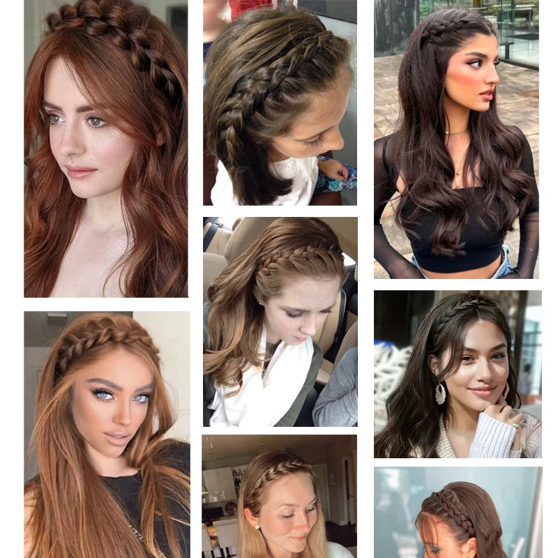 Synthetic Magnet-attached Braided Hairband Hairpiece Hand-woven Fishbone Headband with Velcro for Women Daily Use Hair Wig