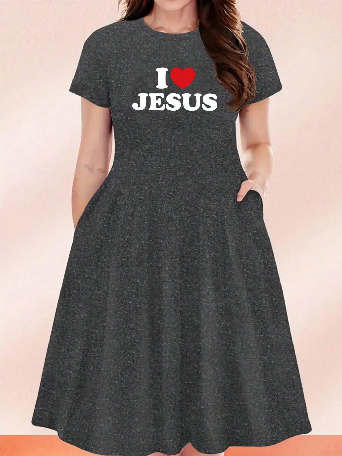 Casual Short Sleeve Heather Grey Christian Faith Skater Dress for Women Sa7f545ae518541609f5ddb1743f01da7n