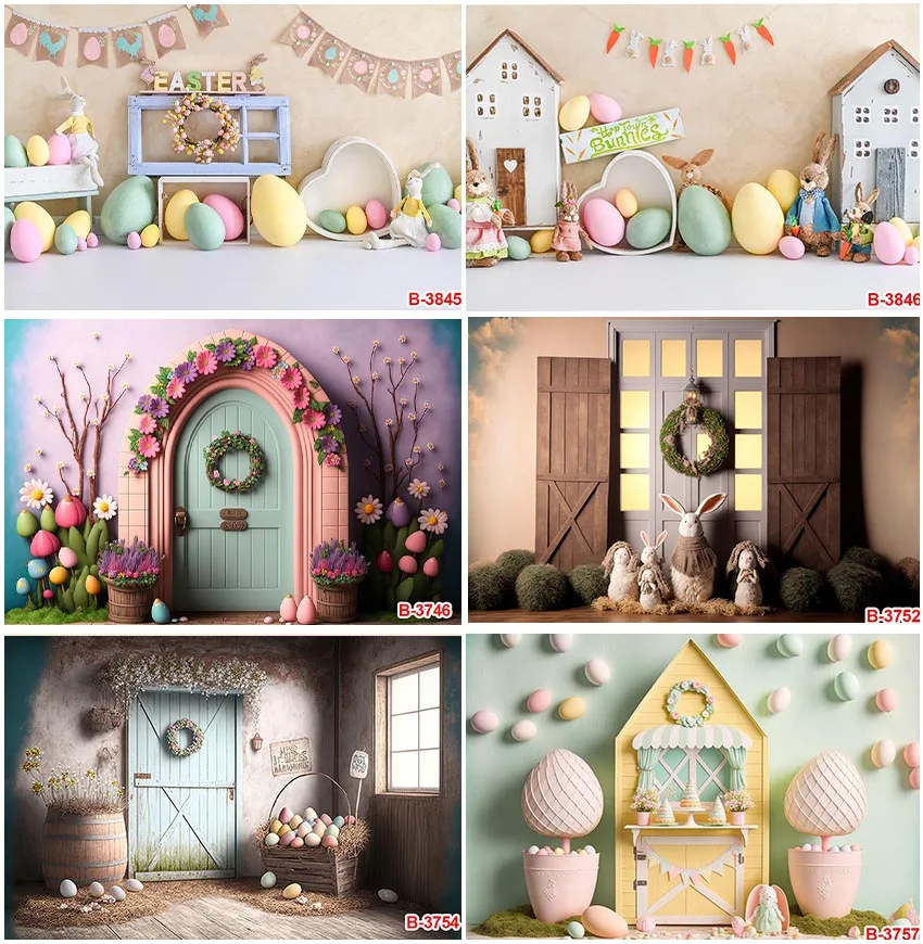 

Happy Easter Spring Holiday Backdrops Floral Green Plants Eggs Rabbit Backgrounds Photography Baby Shower Decor Banner Photocall