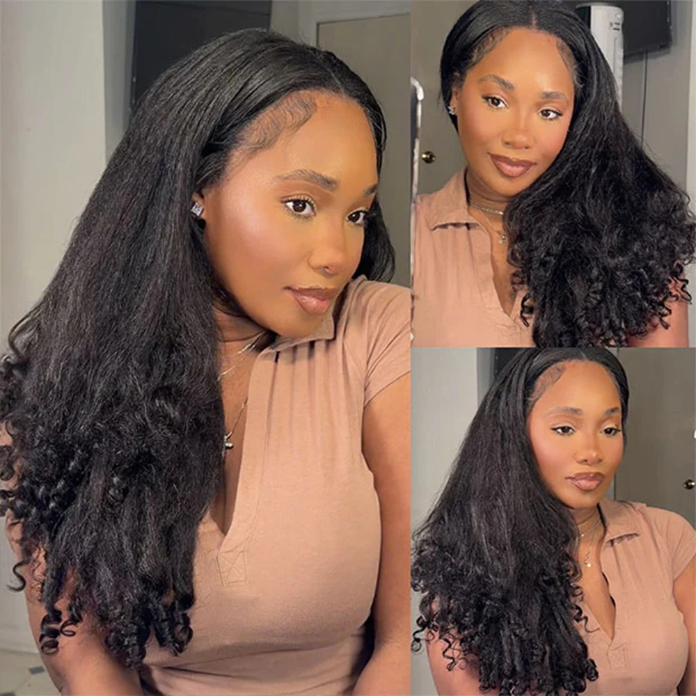 Kinky Straight Burmese Curly 3 IN 1 Half Wigs Human Hair Glueless Wigs Human Hair Half Wig Drawstring Kinky Straight Half Wig