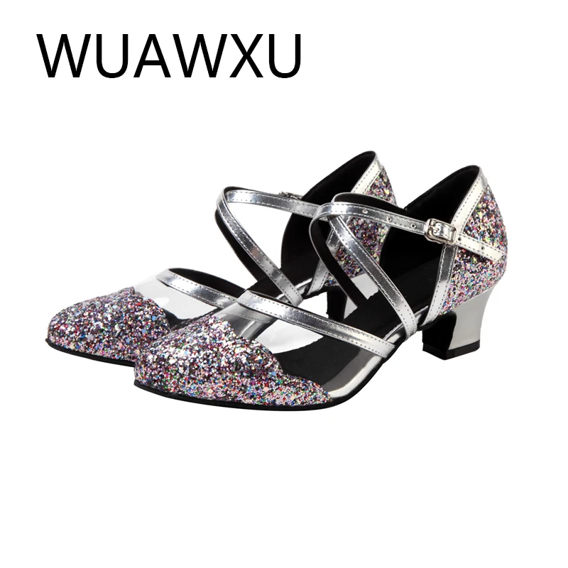 WUAWXU hot selling black and white flash cloth women's Latin dance shoes National standard dance shoes Party square dance shoes