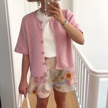 Women Knitted Crop Cardigan Shirt Short Sleeve Button Down Ribbed Knit Crop Top Y2k Girls Outwear Top Tee Shirt for Winter Fall 2