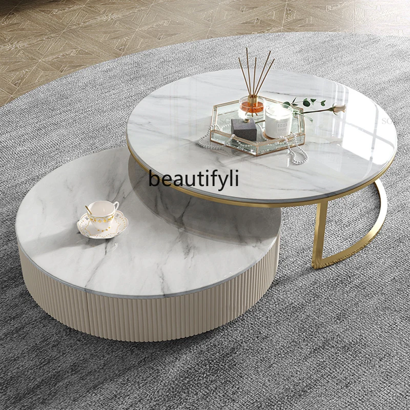 

Light Luxury Stone Plate Coffee Table TV Cabinet Combination Modern Simple round Retractable Tea Table Home