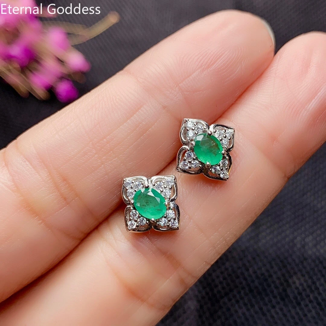 Genuine 925 Silver New Women's Earrings Green Emerald Earrings Women's