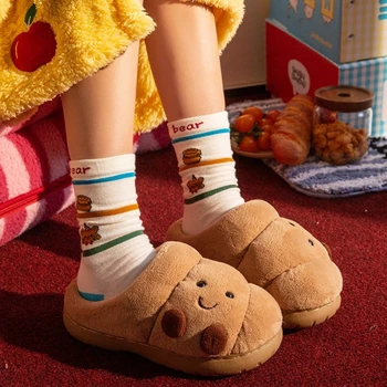 Cute Cartoon Fluffy Slippers For Women Men Winter House Shoes Furry Croissant Bread Style Anti-slip Couples Home Cotton Slides 1