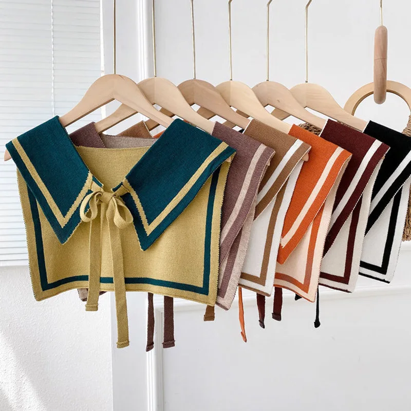 Korean College Atyle Atripes Women Winter Blouse Shoulders Cape Knotted Scarf Neck Guard Fake Collar Scarve Warm Knitted Shawl