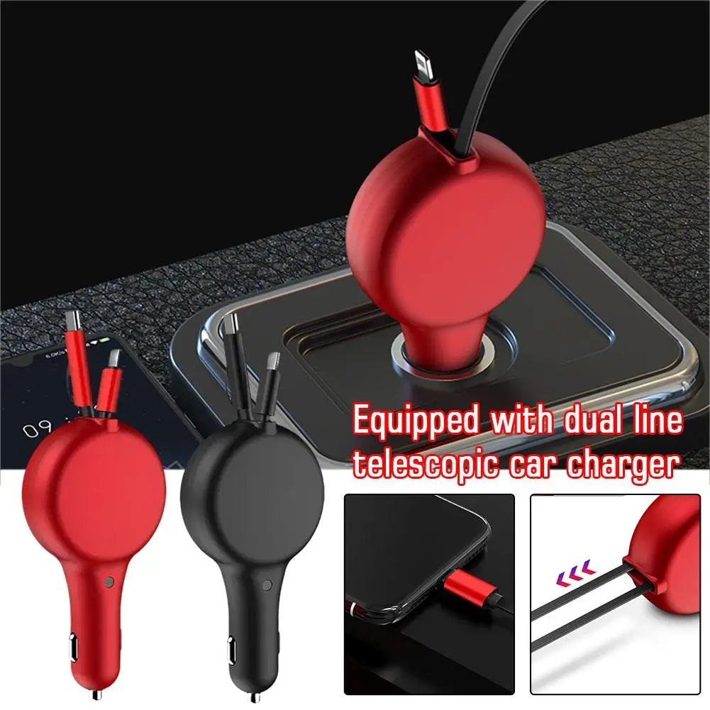

3 IN 1 Retractable Car Charger USB Type C Cable For IPhone Samsung Fast Charge Cord Cigarette Lighter Adapter R5A9