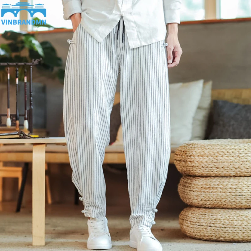 

2022 new Men's Striped Loose Harem Pants Chinese Style Tang Suit Plate Buckle Casual Pants Street Trend Large Size Sports Pants