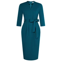 GK Women Midi Dress V-Neck Slim Fit OL 3/4 Sleeve Back Slit High Waist Bodycon Dress With Belt Elegant Office Work Dresses