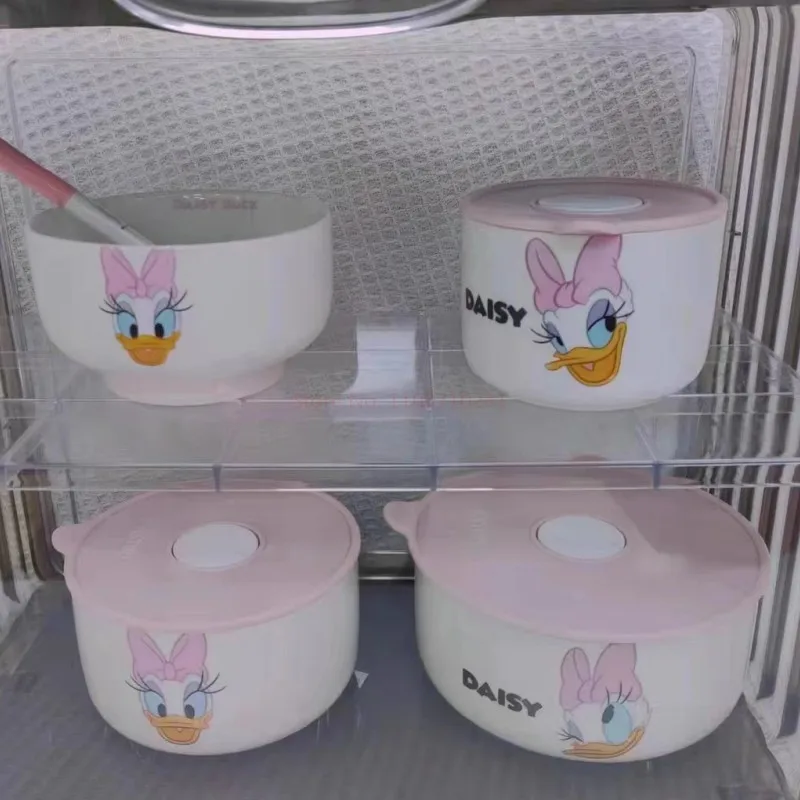 Disney Ceramic Bowl With Lid Microwave Oven Bowl 3 Pcs Student Thicken Lunch Box