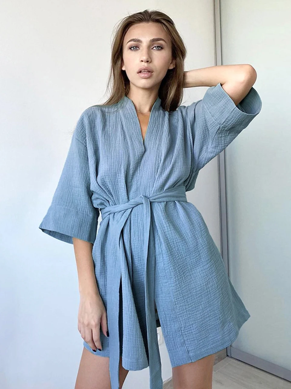 Crape Cotton Robe Women's Nightwear Mini Bathrobes Lace Up Sleepwear Muslin Women'S Home Clothes Solid Color Robes Women Nightie