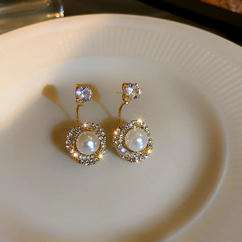 French Small Elegant Super Glitter Rhinestone Pearl Earrings For Women Korean Fashion Earring Daily Birthday Party