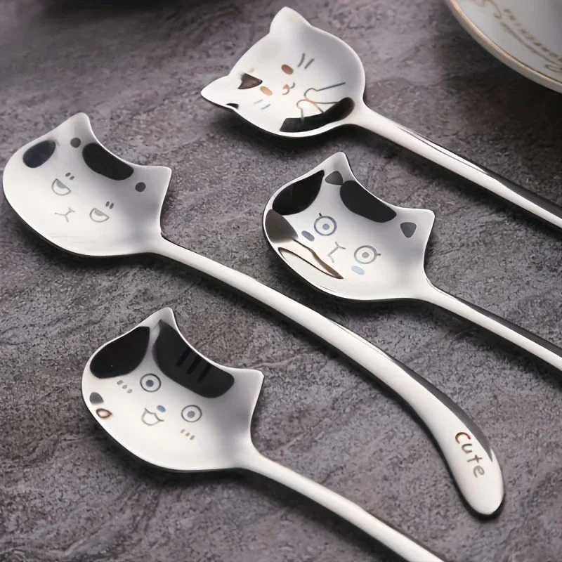 Cute Cat-Shaped Stainless Steel Spoon Long Handle Animal Print Perfect for Birthday Gift Kitchen,Dining & Bar Teaspoons