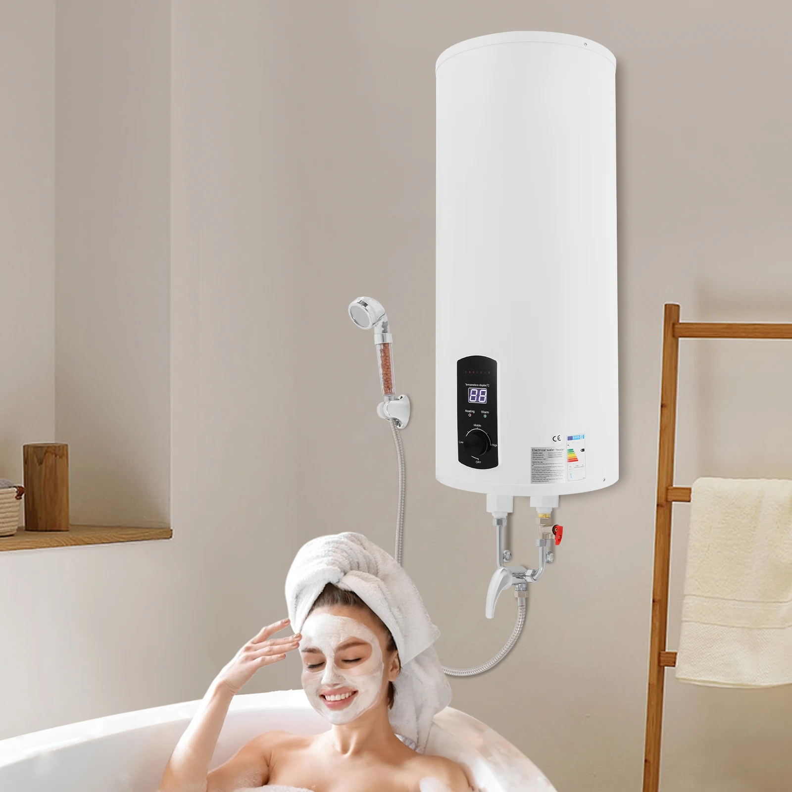 Chauffe-eau électrique 60L 2000W, réservoir avec kit de robinet de douche à main, affichage numérique de la température pour salle de bain 1 Chauffe-eau électrique 60L 2000W, réservoir avec kit de robinet de douche à main, affichage numérique de la température pour salle de bain 1