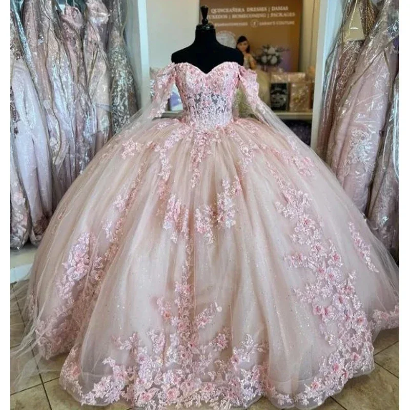 

ANGELSBRIDEP Pink Princess Lace Quinceanera Dresses With 3D Floral Applique Beading Vestidos XV Años Sweet 16 15 Robe De Soirée