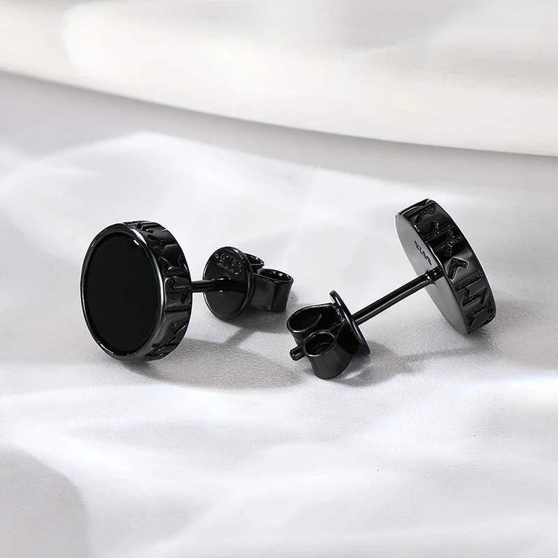 Nordic Viking Rune Personalized 8mm Natural Black Agate Ear Stud 925 Sterling Silver Men Women Hiphop Earrings Fashion Gift 4