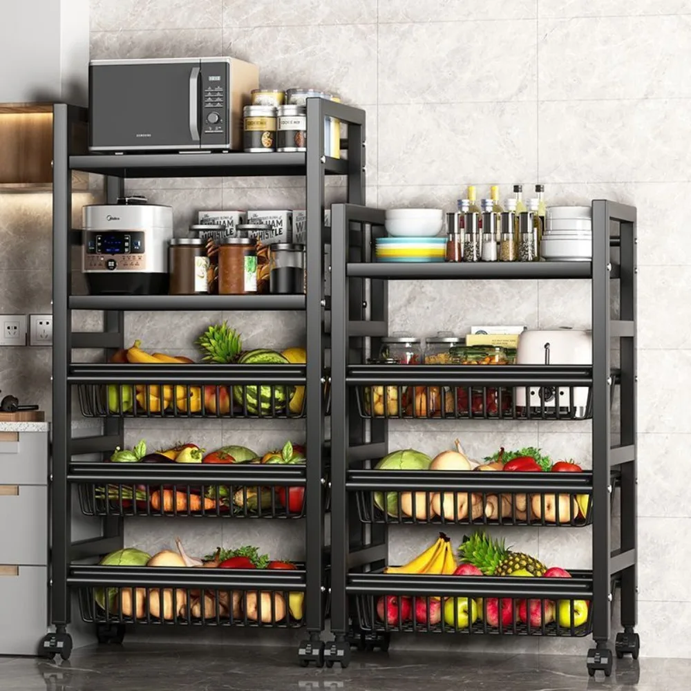 Multi-Layer Storage Basket Floor Type Oven Microwave Cart Rack Moving Fruit Trolley Racks Storage Shelves