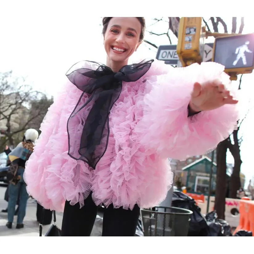 

Extra Puffy Tulle Vest Jacket Pleated Tulle Long Sleeves Blouse Vests Pink Chic Women Tops Party Wear Custom Made