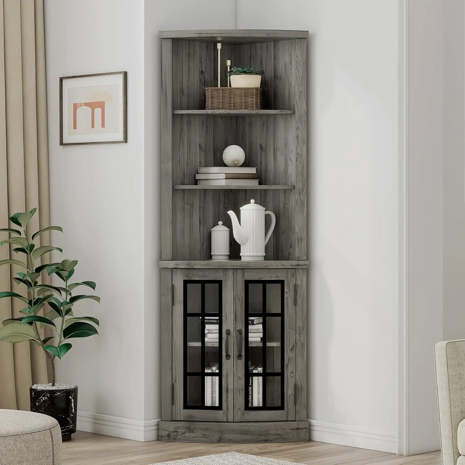 

Curved Corner Storage Cabinet, 5-Tier Corner Display Cabin, 65" Tall Freestanding Bookcase with Glass Doors & Adjustable Shelves