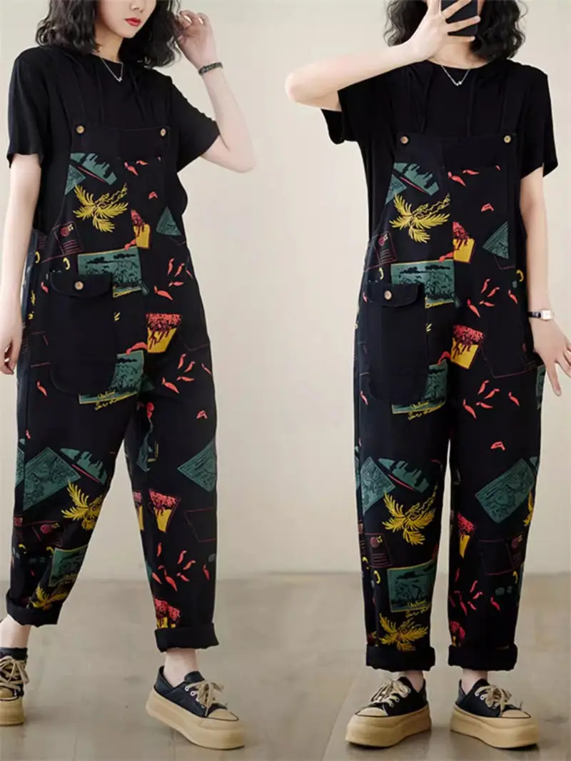 

Retro Printed Denim Strap Pants 2024 New Women's Spring Summer Oversize Casual Slim Jumpsuit Vintage Jeans Overall Playsuit K740