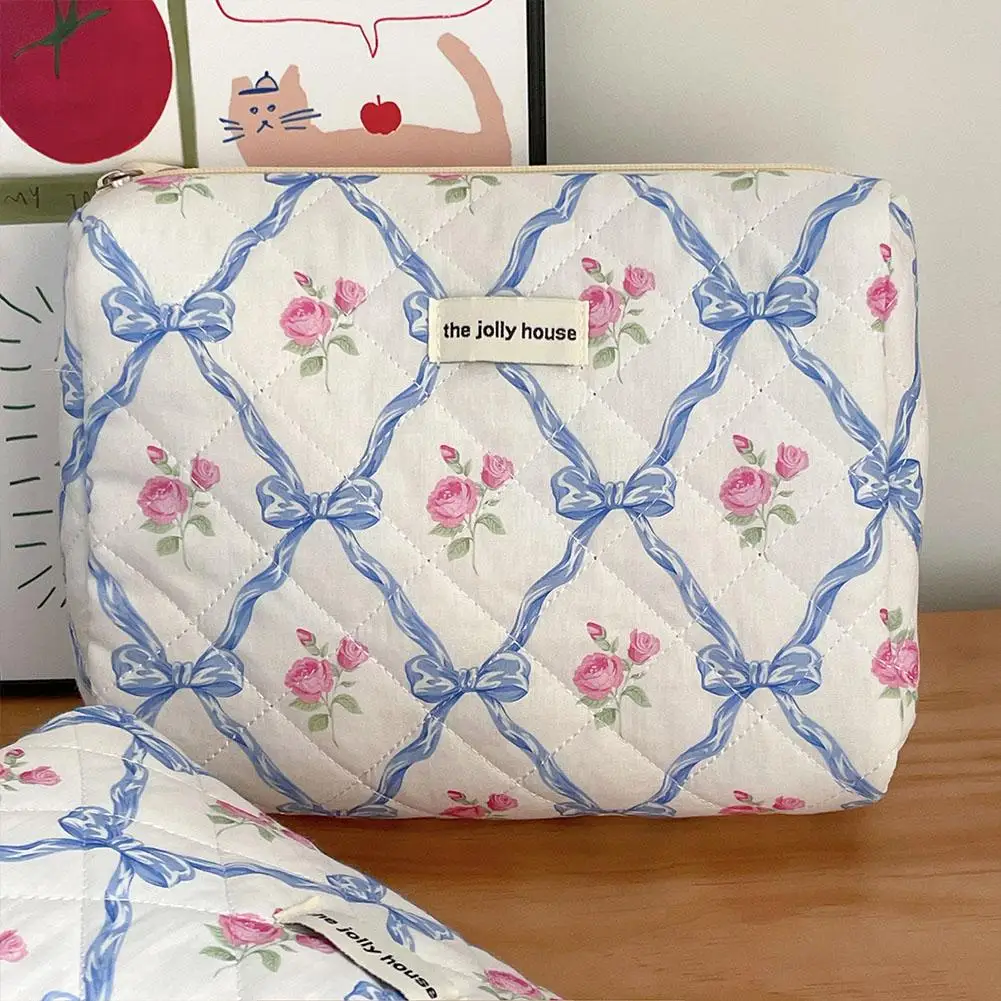 Women Cute Bow Flower Zipper Quilting Cotton Makeup Bag