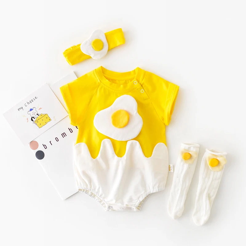 

Newborn Bodysuits 2023 Summer Short Sleeve Rompers+Headband Infant Toddlers Cartoon Fried Egg Jumpsuits Baby Boys Girls Clothes