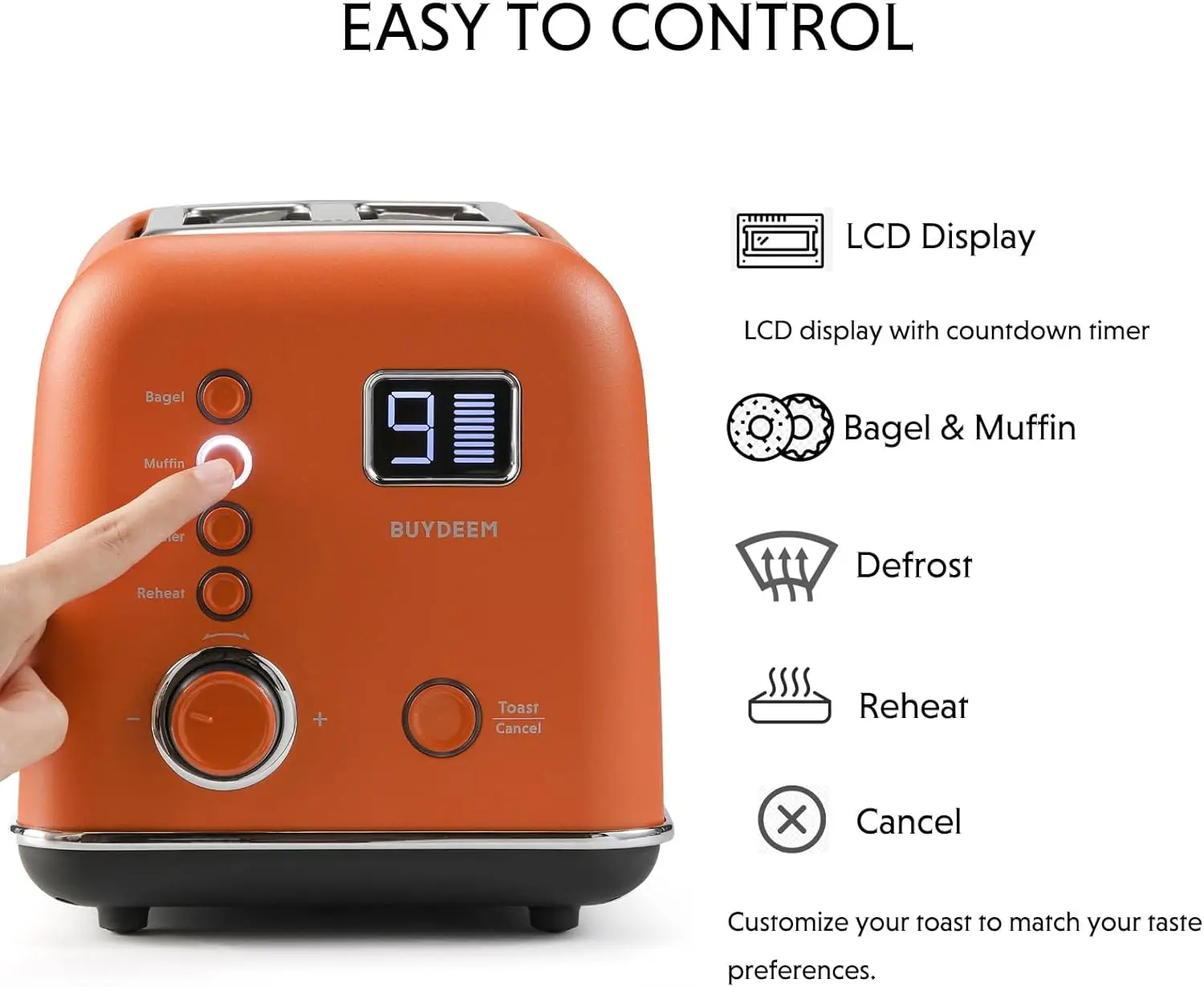 Motorized Toaster, 2-Slice Smart Digital Leverless Toaster with LCD Countdown Timer, 9-Shade Settings for Toast, Bagels, Waffles 3