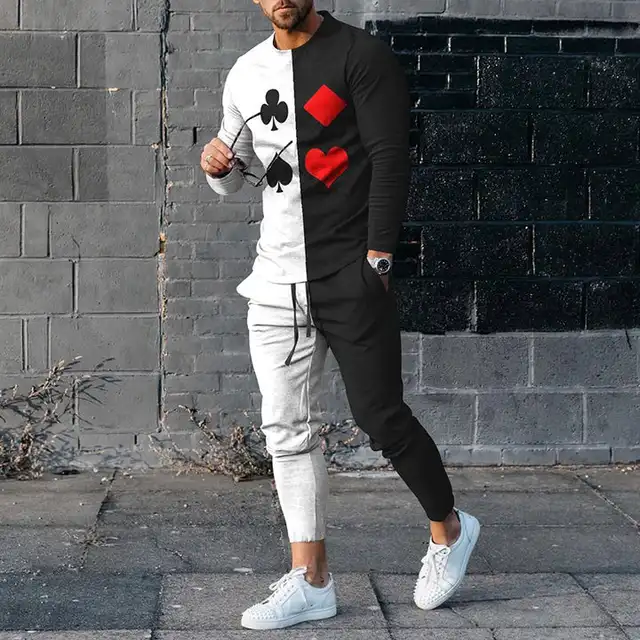 Men s Long Sleeve T-shirts and Pants Two Piece Poker 3D Printed Men s Sets Casual Suit