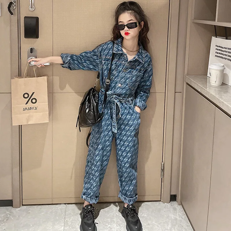 

10 12 14 15 kids Girls Jumpsuits Print Denim One-piece Suit overall 2023 Fashion Casual Teen Girls Jeans Outfit Clothing Set
