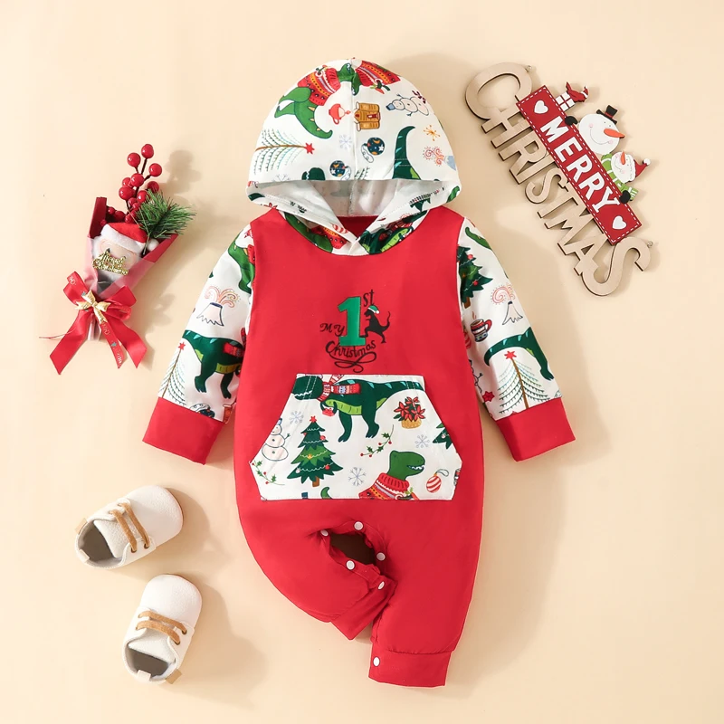 

Baby Girls Christmas Hooded Romper Long Sleeve Cartoon Dinosaur Print Jumpsuit