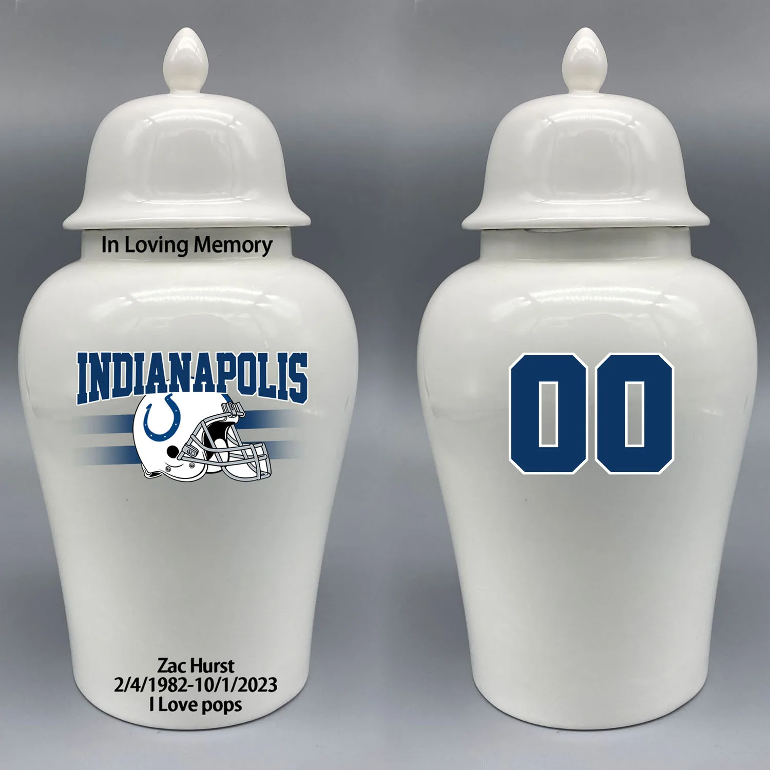 

Large Urn for Indianapolis Colts-themed Logo Urn.Please send me the customize information-name/date and number on the urn