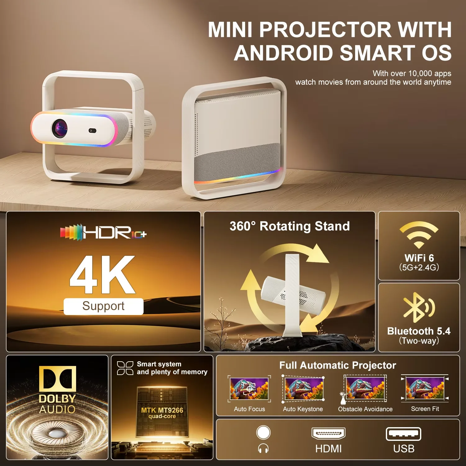 카이아쿠아 스마트 프로젝터 네이티브 1080P 안드로이드 오토 포커스 BT5.4 WIFI6 70mm RGB 앰비언트 라이트 하이파이 스피커 휴대용 홈 시네마