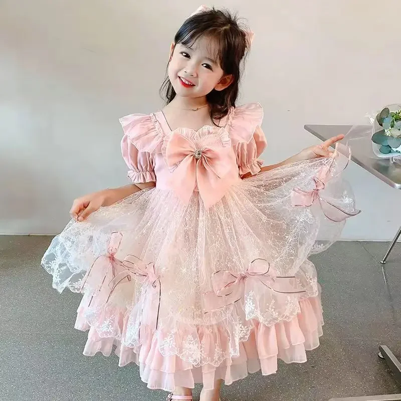 Birthday Party Lolita Dress Girls Kids Summer Lace Pink Long&Short Sleeve Dress Cute Princess Doll Teen For Girls