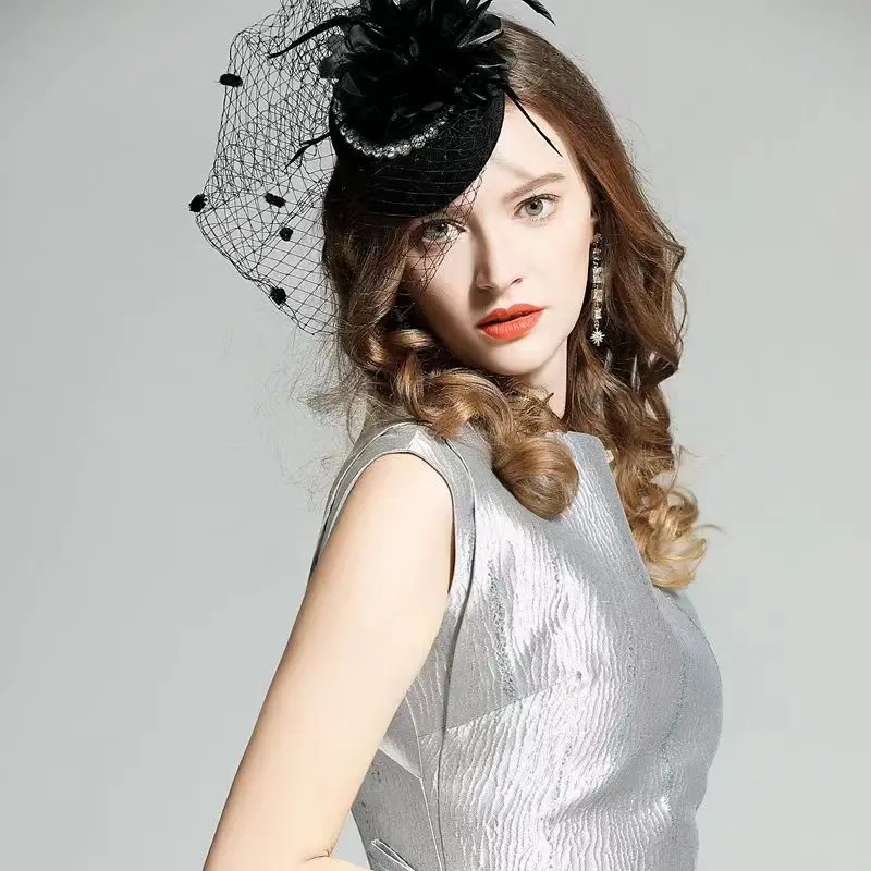 

Women Chic Fascinator Hat Cocktail Party Headpiece Fashion Headwear Formal Feather Hair Accessories Korea Japan Black White