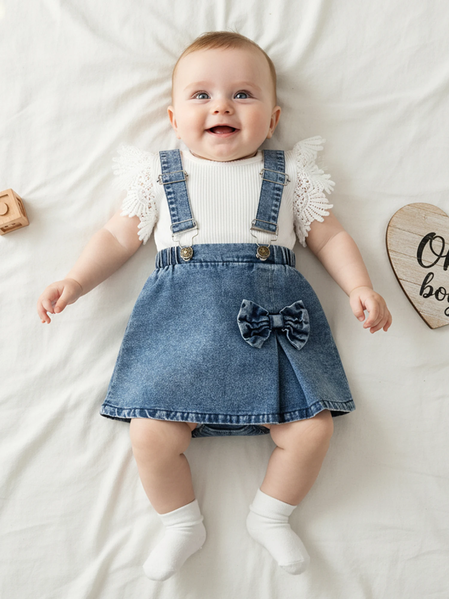 FOCUSNORM 0-18M Schöne Baby Mädchen Sommer Kleidung Sets Outfit Gerippte Kurzarm Strampler Denim Overall Rock Set – Detail 6