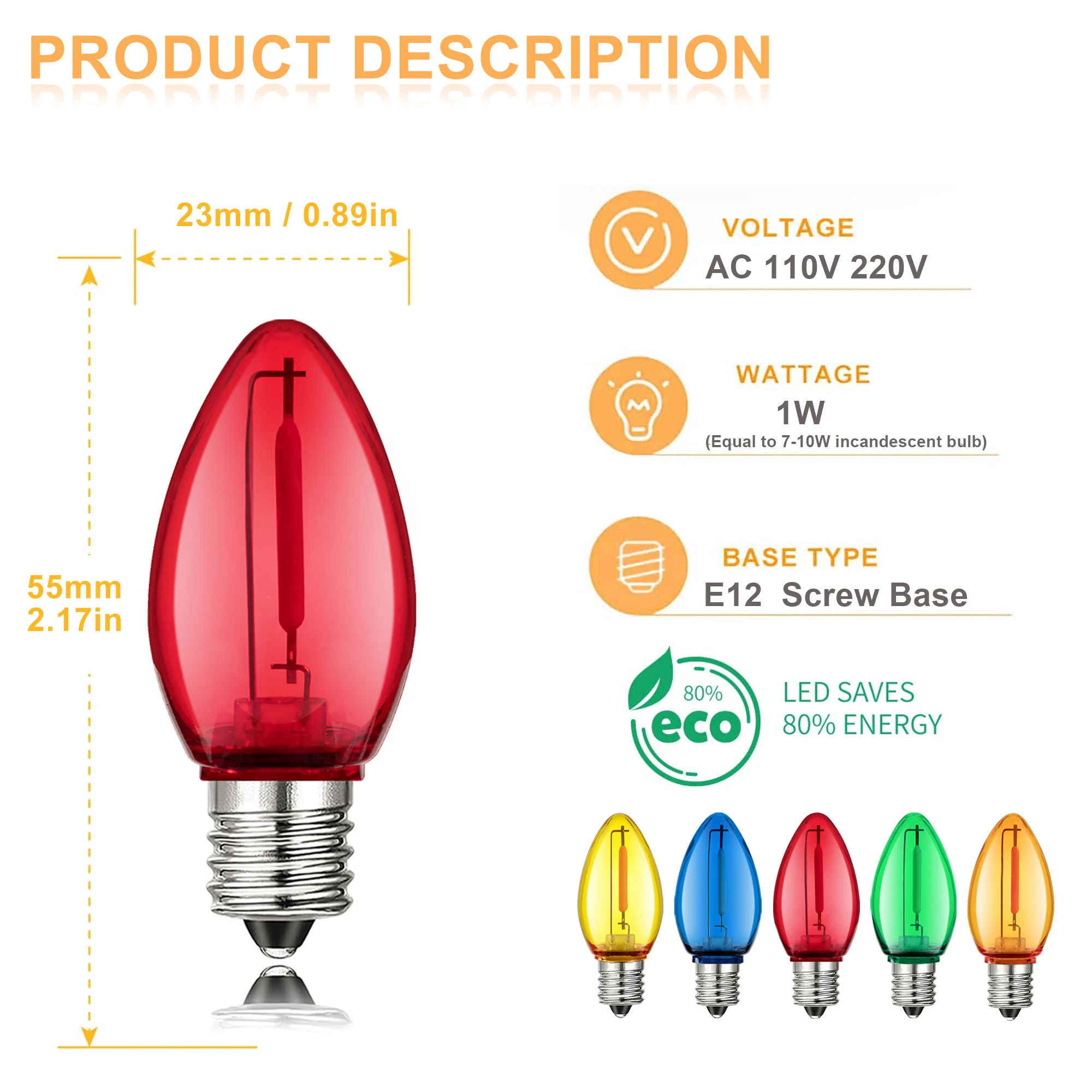 50Pcs C7 Led 야외 문자열 조명 전구 교체 1W 여러 가지 빛깔의 비산 방지 플라스틱 E12 Candelabra 자료 뒷마당 파티