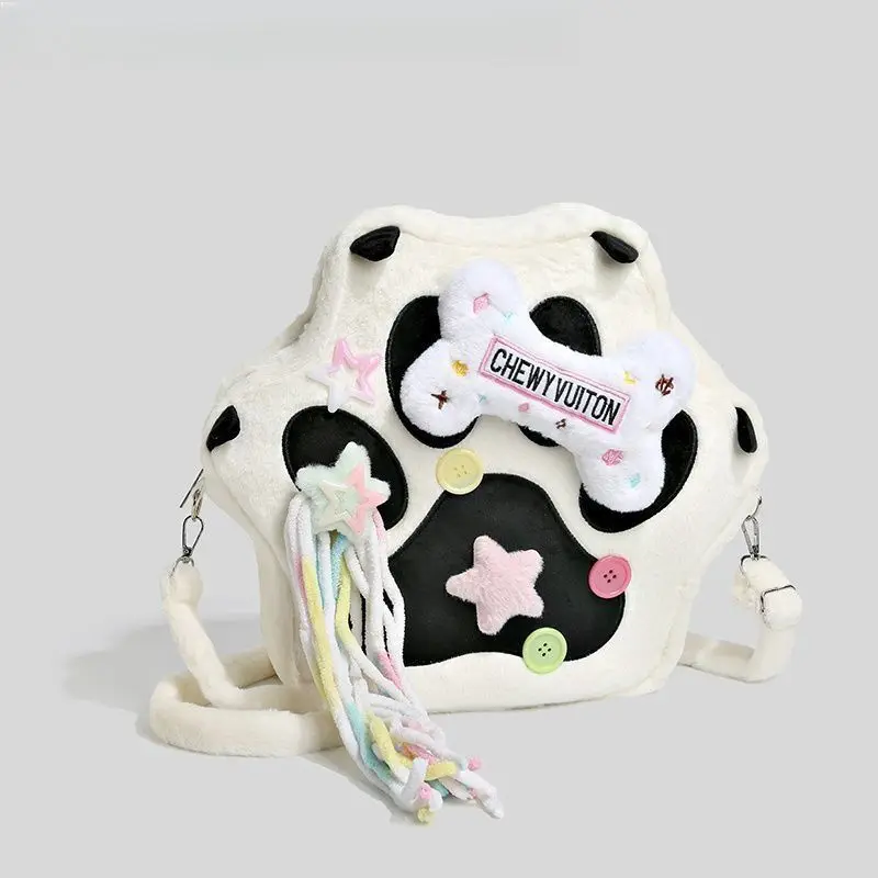 Kawaii Plush Backpack for Women Y2K Hexagon Shape Cow Print Soft Material Casual Outing Travel Rucksack