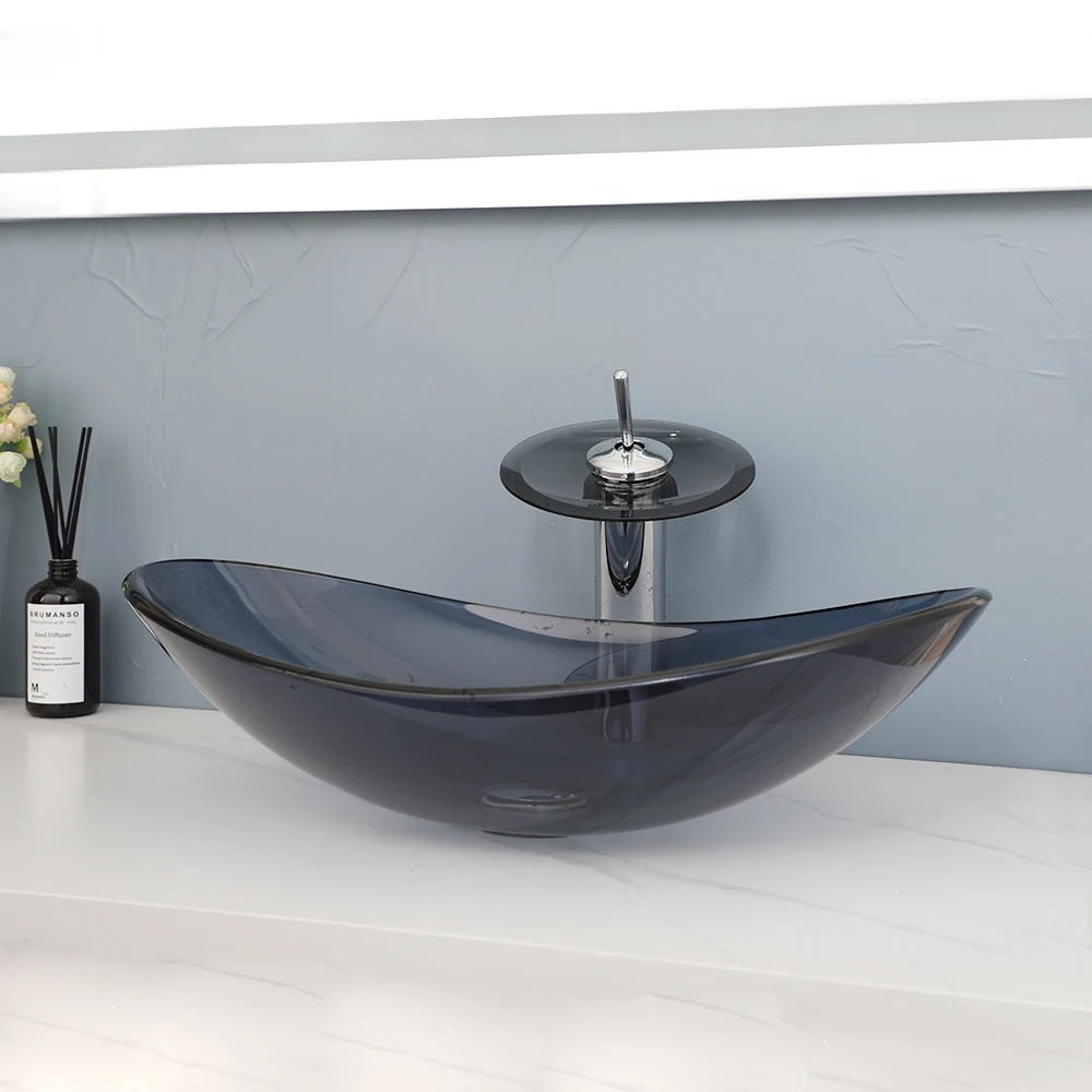 KEMAIDI Bathroom Vessel Sink Oval Glass Vessel Sink with Waterfall Faucet Tap Tempered Glass Bathroom Sinks Above Counter Basin 3