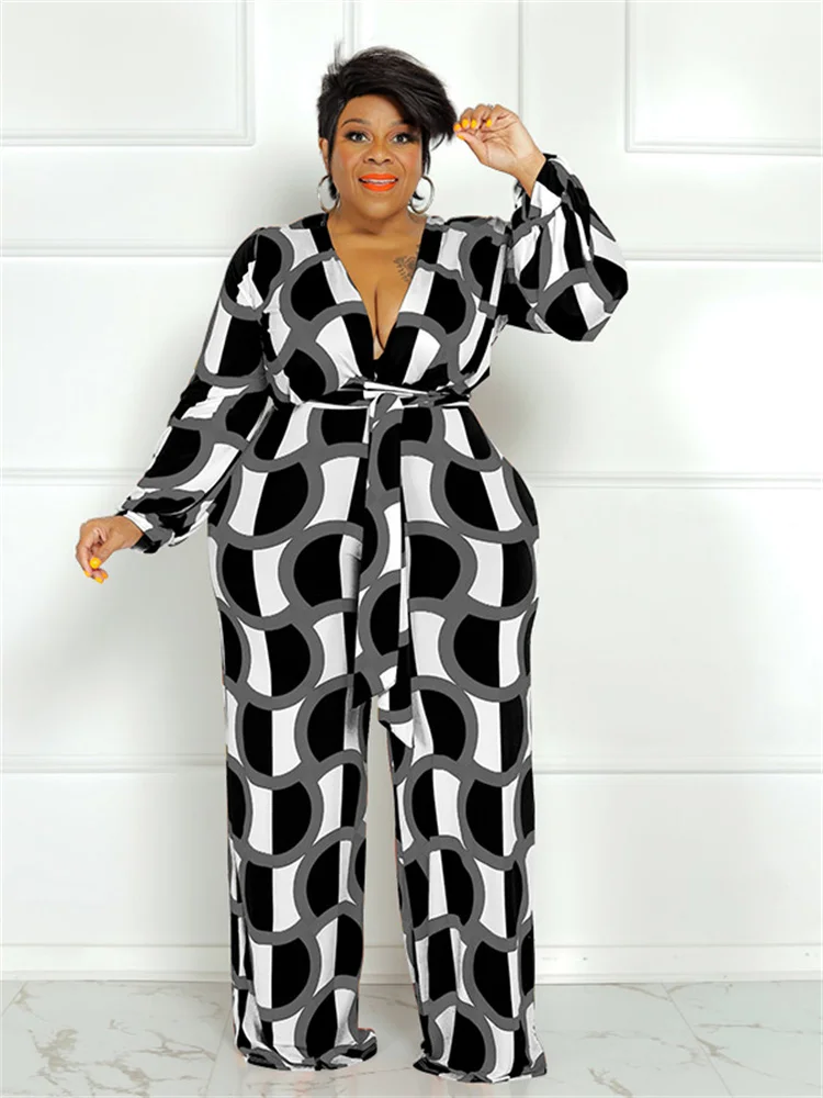 Wmstar Plus Size Women Print Jumpsuit Fall Clothes One Piece Outfits Print Casual Wide Leg Bodysuit New Wholesale Dropshipping
