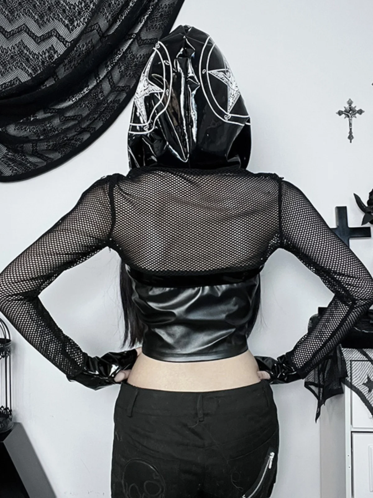 Gothic PU Leather Patchwork Hoodie For Women Punk Y2k Subcultural Punk Wearing Short Jacket Abby Motorcycle Top