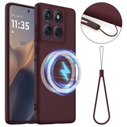 Magnetic Soft Liquid Silicone Strap Protective Case with Microfiber Lining for Motorola Edge 60 Pro (Wine red)