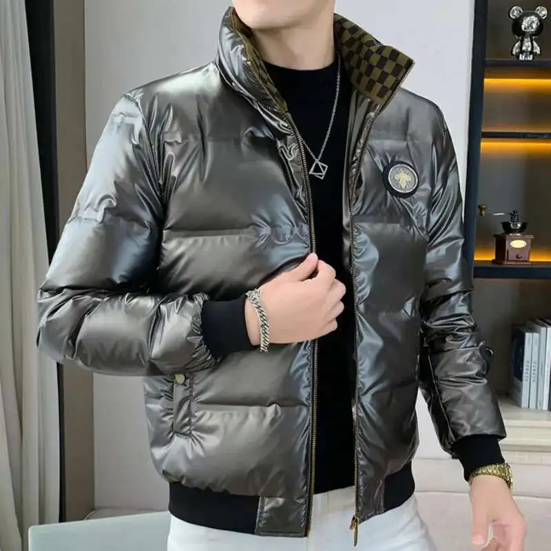 남성용 2023 스탠드 칼라 쉬니 다운 단색 코트, 긴팔 재킷, 레터 프린트 재킷, 샤이니 다운 재킷, 블랙, 겨울