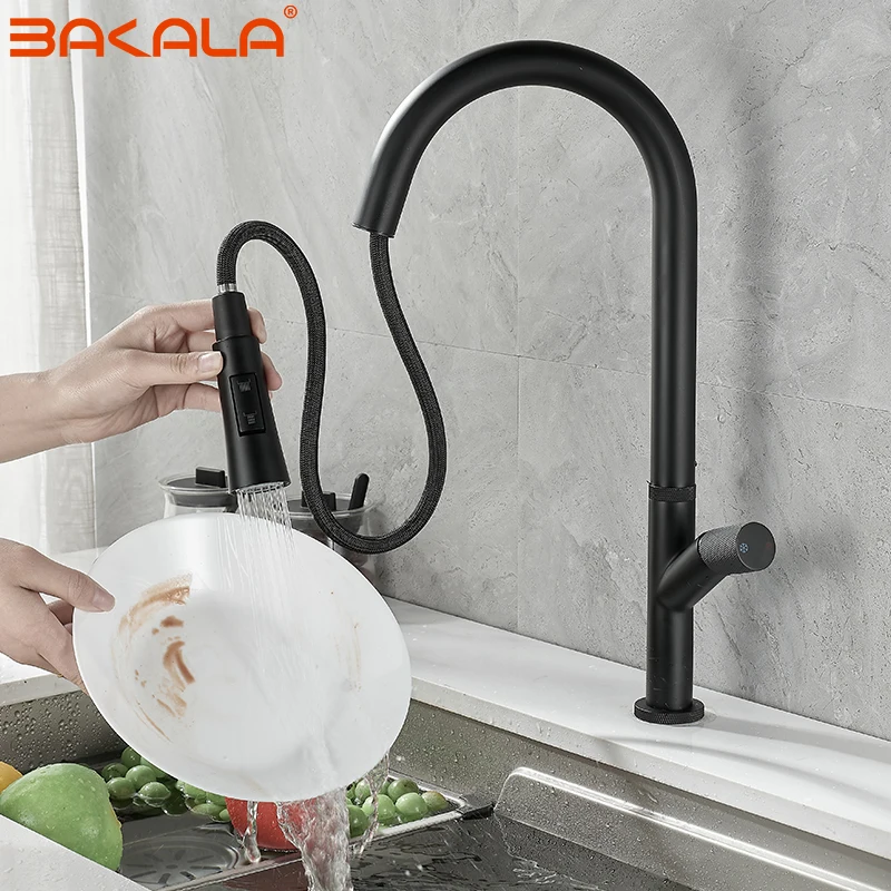 bakala Black Kitchen Faucet Cold Hot Water Mixer Crane Tap Chrome Sprayer Stream Rotation Sink Tapware Wash For Kitchen Pull Out