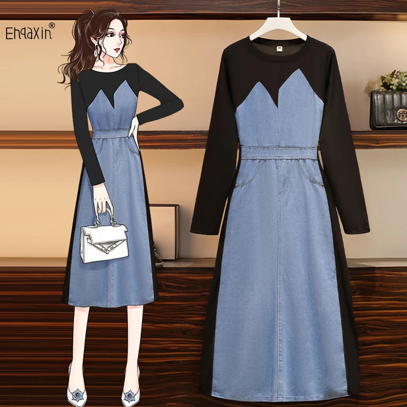 EHQAXIN Fashion Women's Dress 2023 Autumn New Elegant Casual Denim Panel Korean Long Sleeve Dresses For Ladies M-4XL