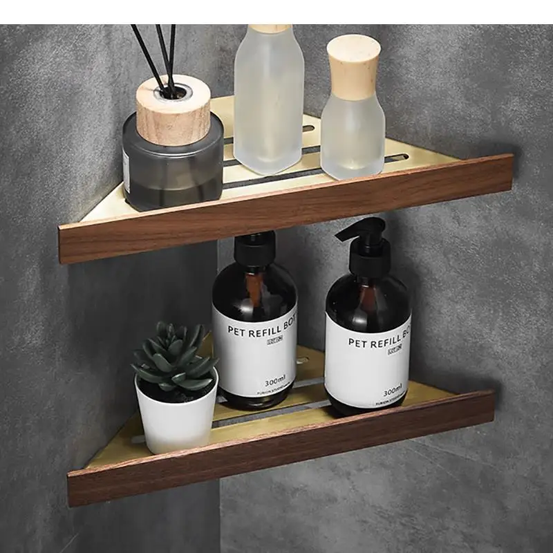 

Wooden Storage Racks Metal Drain Corner Holders Wall Mounted Bathroom Supplies Storage Racks Creative Household Bathroom Shelves