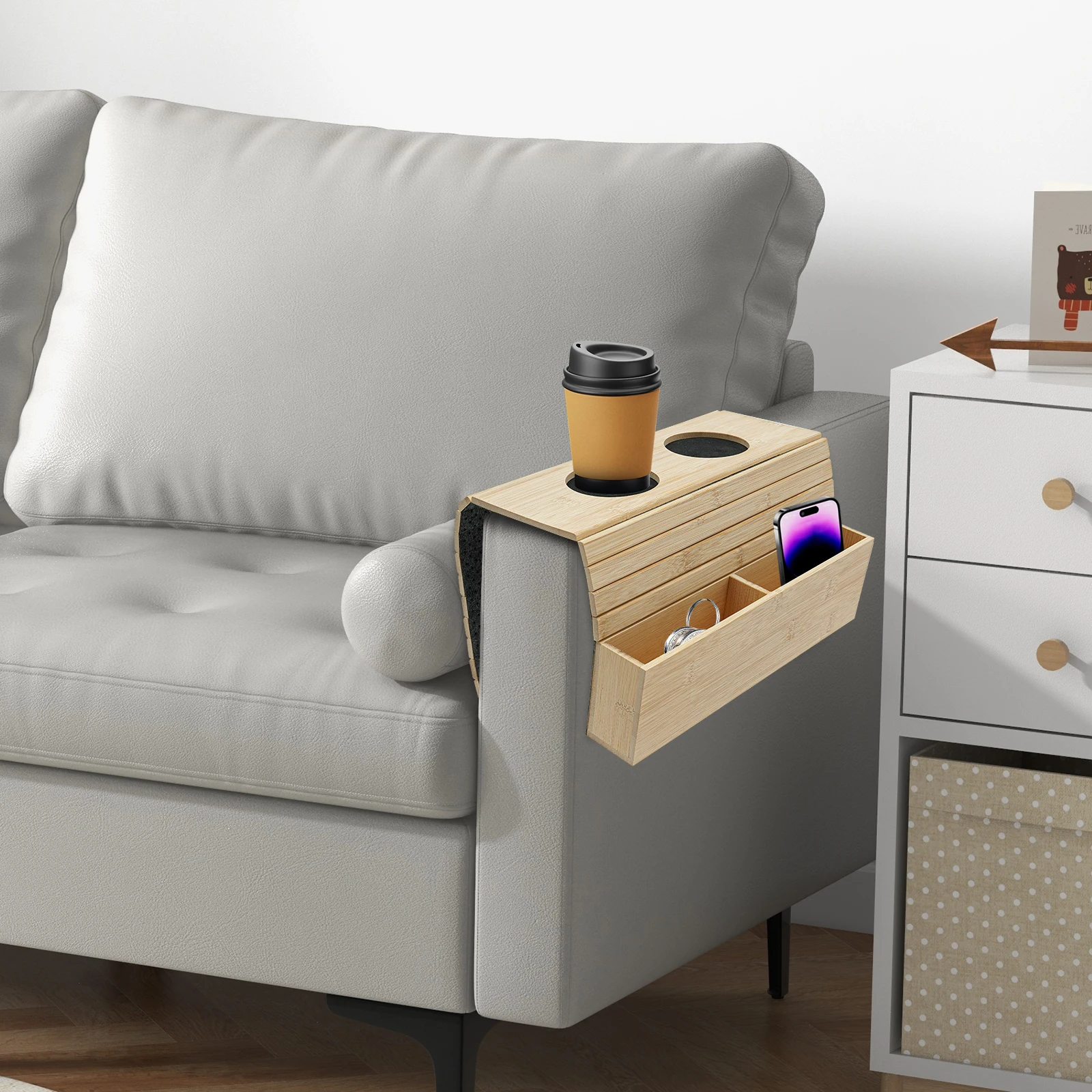 Bamboo Cup Holder Pillow for Sofa Armrest, Minimalist Bamboo Tray, Non-Slip Felt Bottom, Rectangular Shape for Convenient
